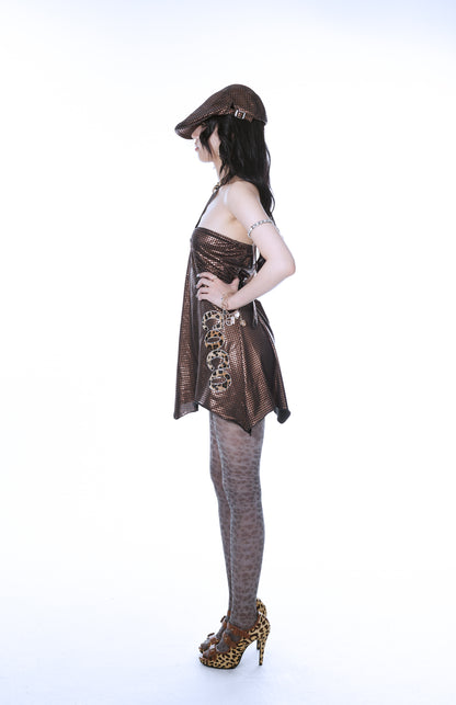 Ooops333 GLOSSY PLAID HALTER BACKLESS SEXY SLIP DRESS