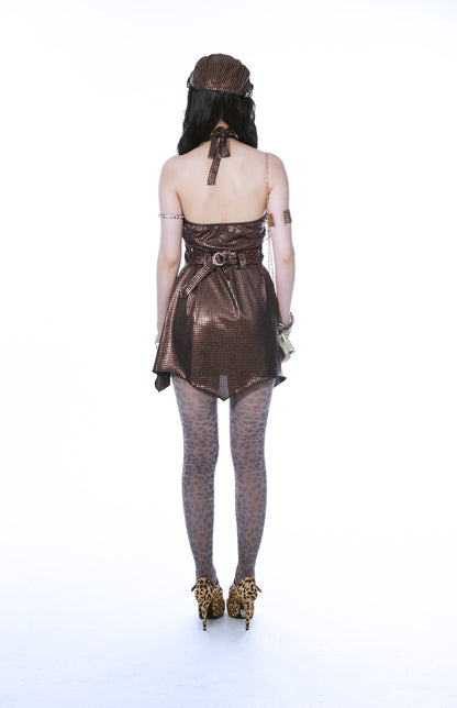 Ooops333 GLOSSY PLAID HALTER BACKLESS SEXY SLIP DRESS