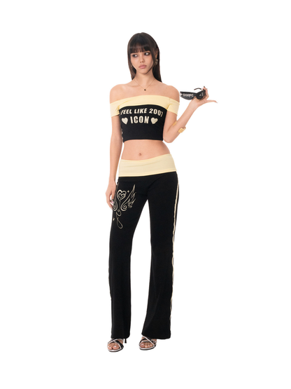 Ooops333 26SS 「SLAY！」2000s Icon Off-Shoulder Top and Flare Pants Set