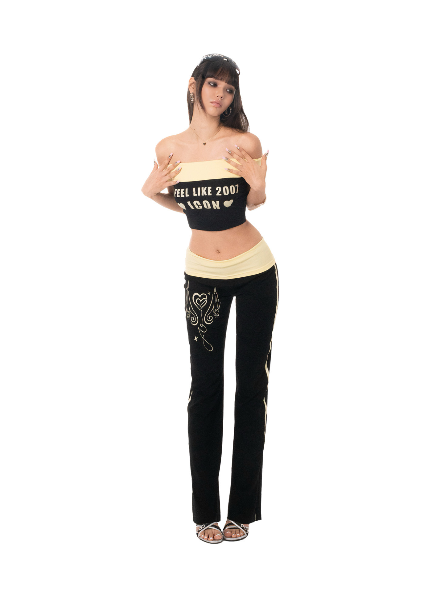 Ooops333 26SS 「SLAY！」2000s Icon Off-Shoulder Top and Flare Pants Set