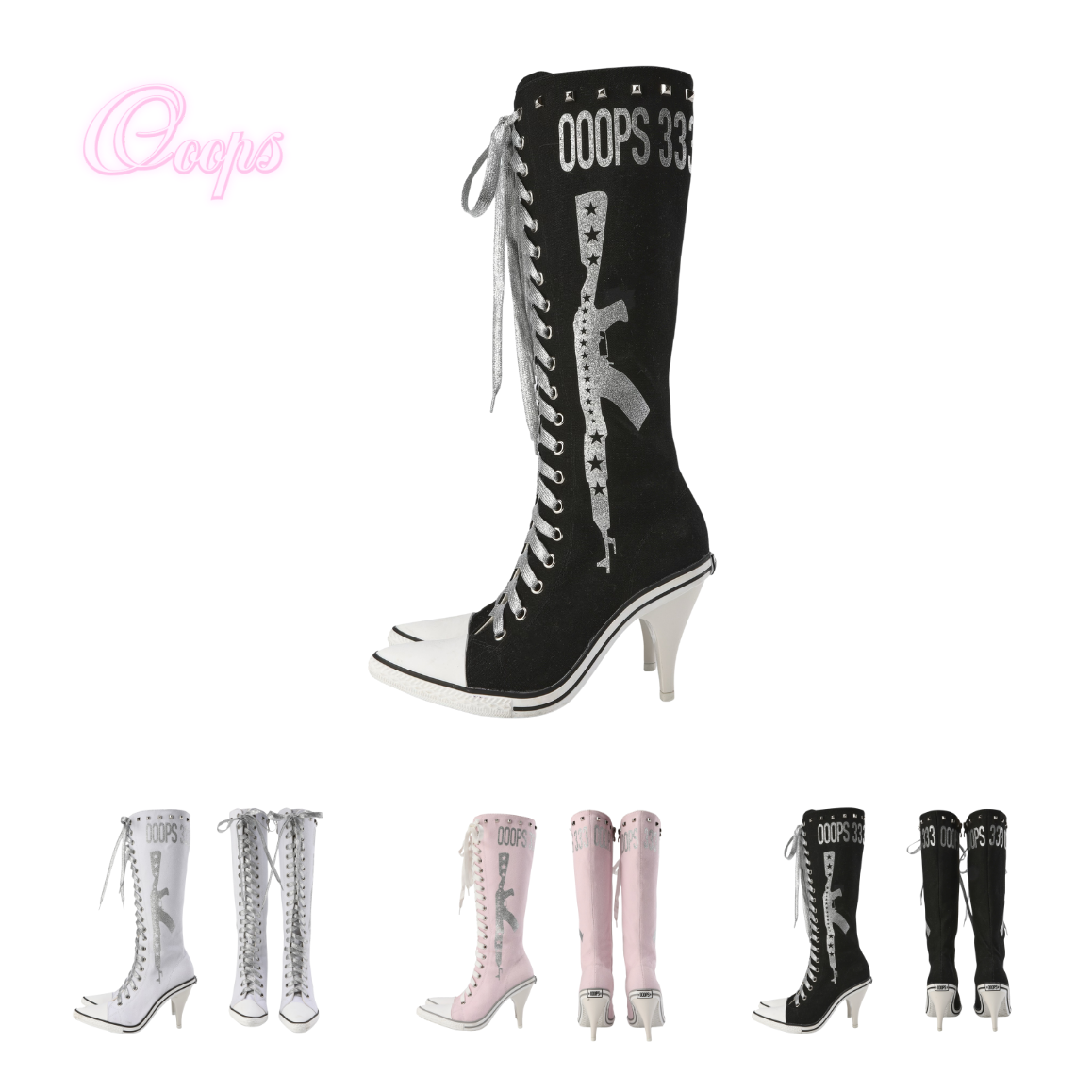 Ooops333 PUNK HI HEEL TALL CANVAS BOOTS - 9CM HEEL