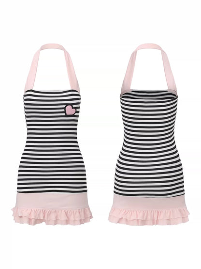Ooops333 26SS 「SLAY！」Striped Heart Print Halter Neck Dress