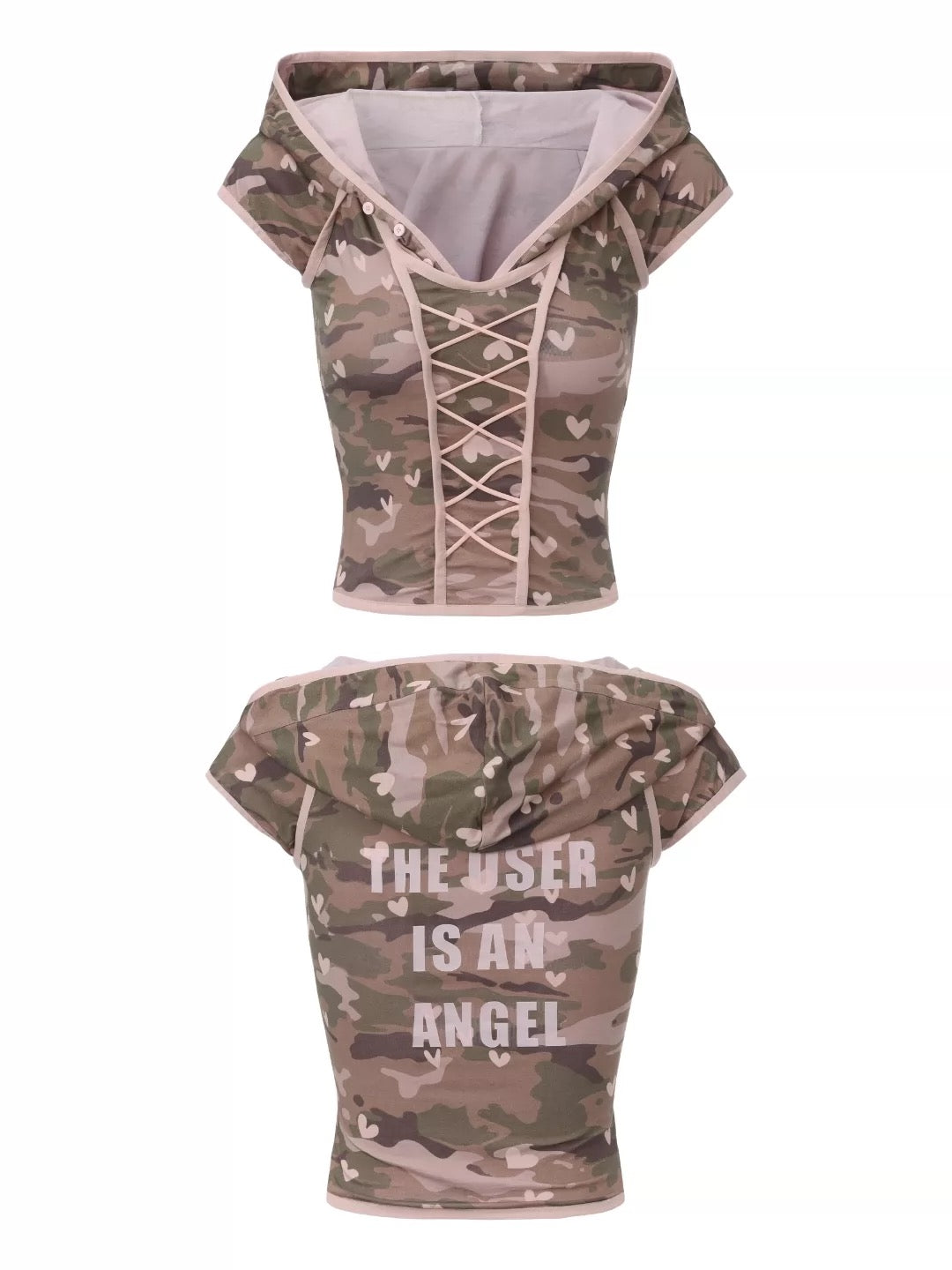 Ooops 26SS 「SLAY！」Pink Heart Camo Hooded T-Shirt Shorts Set