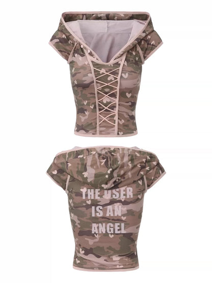 Ooops 26SS 「SLAY！」Pink Heart Camo Hooded T-Shirt Shorts Set