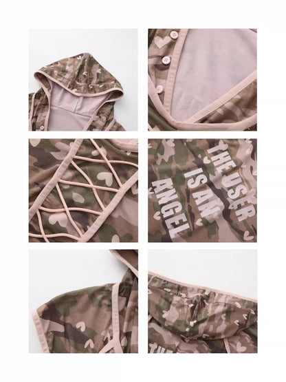 Ooops 26SS 「SLAY！」Pink Heart Camo Hooded T-Shirt Shorts Set