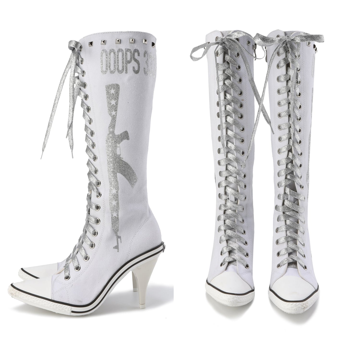 Ooops333 PUNK HI HEEL TALL CANVAS BOOTS - 9CM HEEL