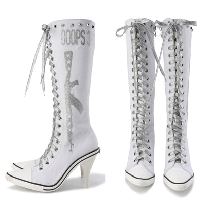 Ooops333 PUNK HI HEEL TALL CANVAS BOOTS - 9CM HEEL