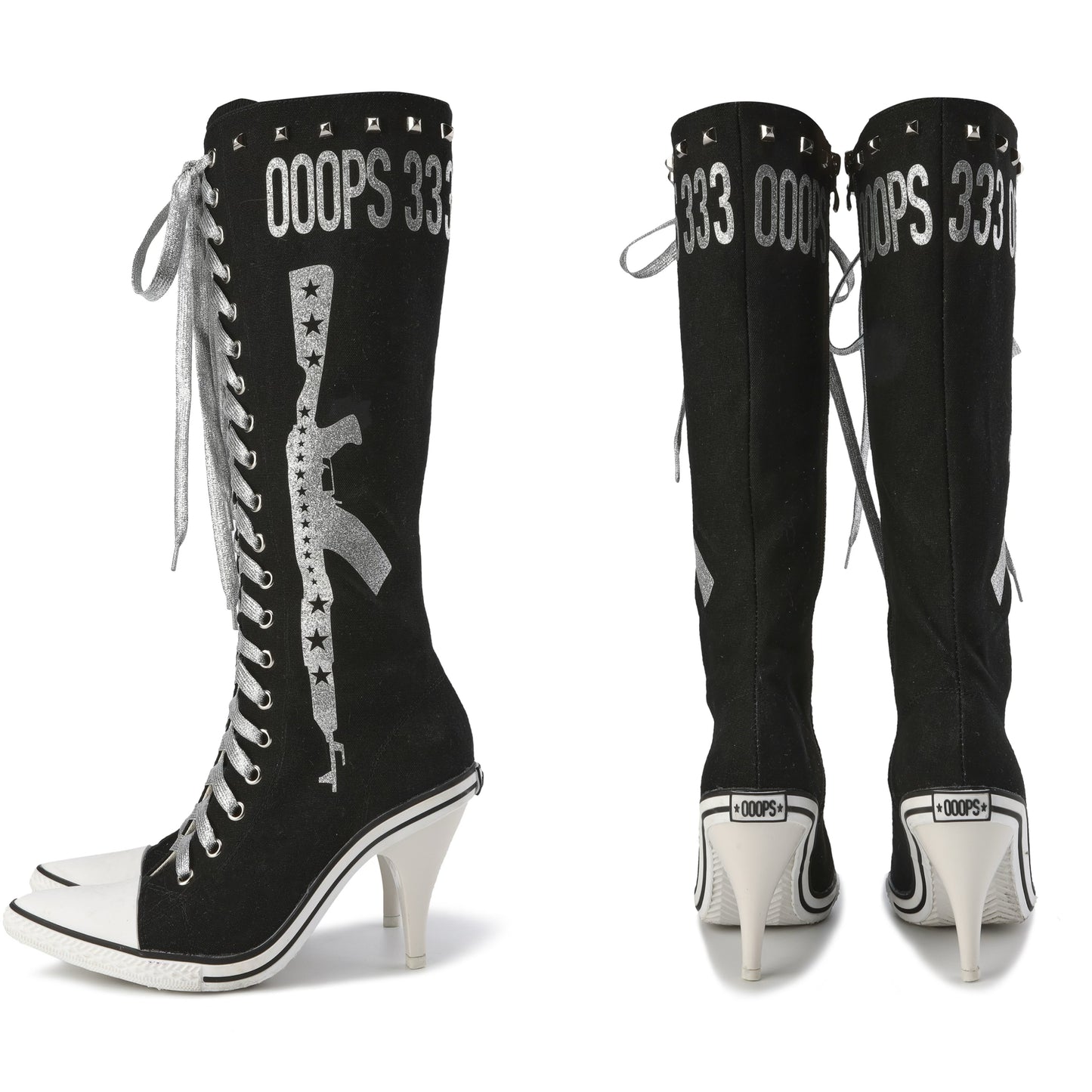 Ooops333 PUNK HI HEEL TALL CANVAS BOOTS - 9CM HEEL