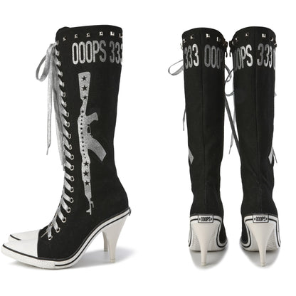 Ooops333 PUNK HI HEEL TALL CANVAS BOOTS - 9CM HEEL