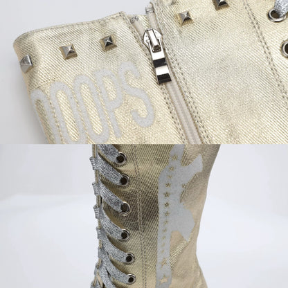 Ooops333 PUNK HI HEEL TALL CANVAS BOOTS - 9CM HEEL