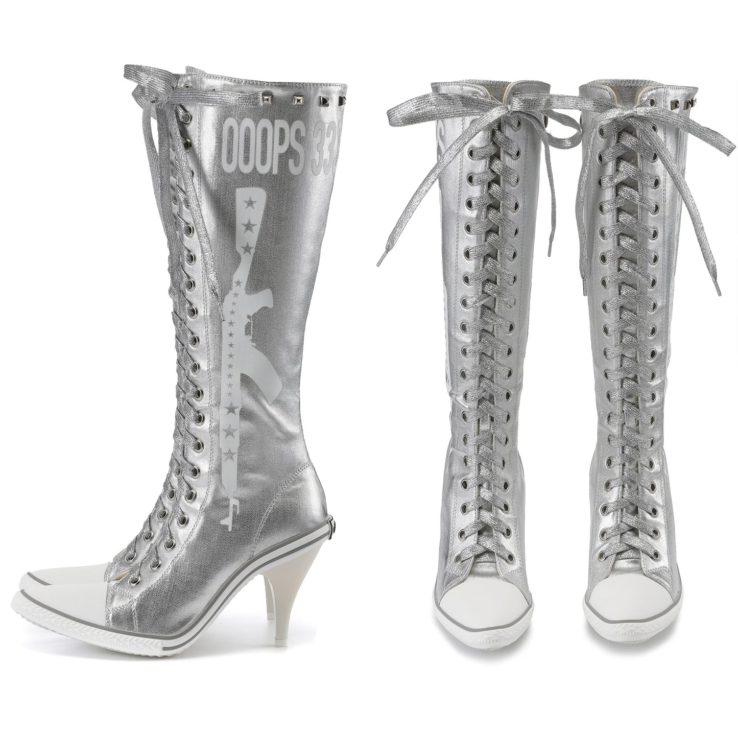 Ooops333 PUNK HI HEEL TALL CANVAS BOOTS - 9CM HEEL