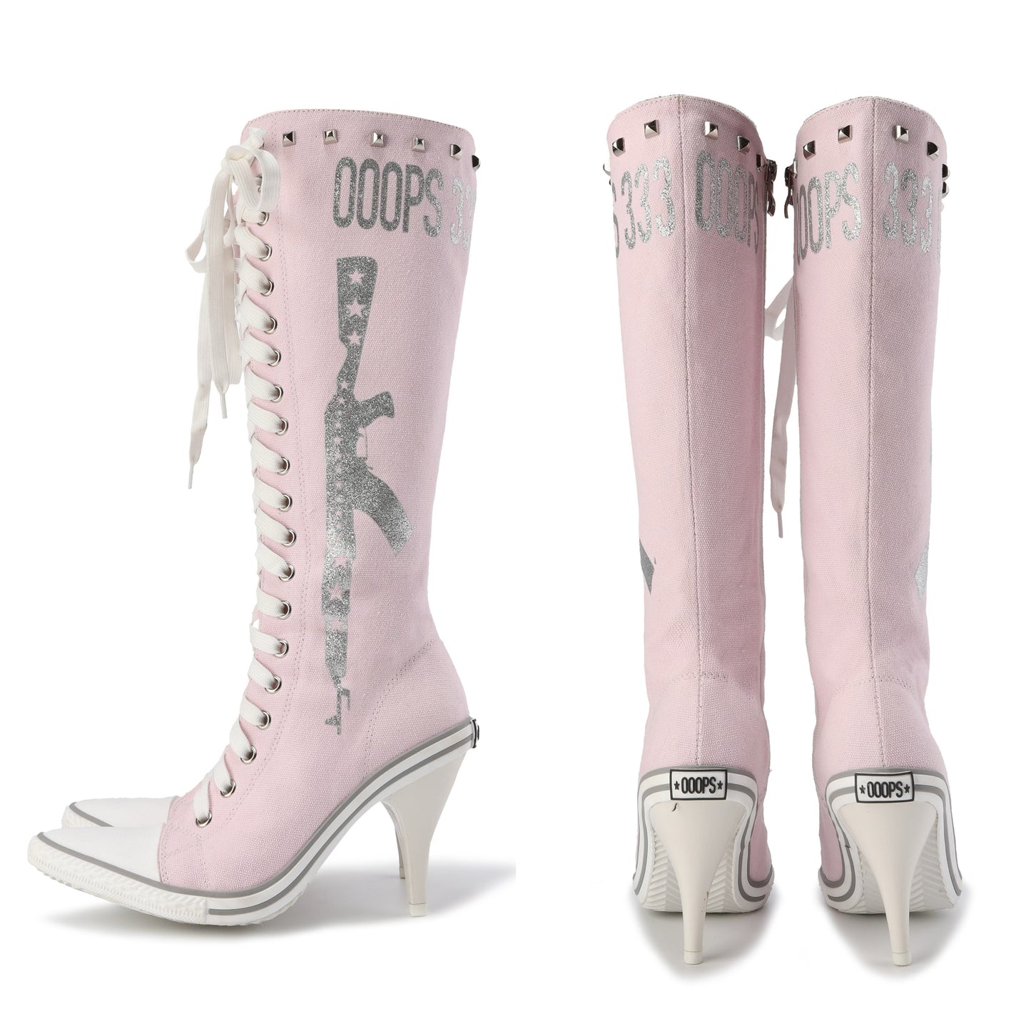 Ooops333 PUNK HI HEEL TALL CANVAS BOOTS - 9CM HEEL