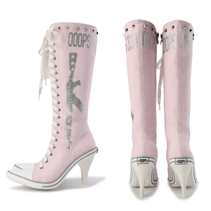 Ooops333 PUNK HI HEEL TALL CANVAS BOOTS - 9CM HEEL