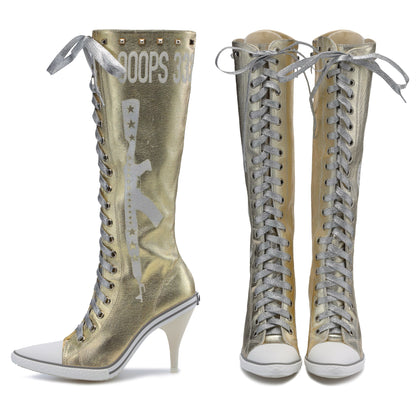 Ooops333 PUNK HI HEEL TALL CANVAS BOOTS - 9CM HEEL