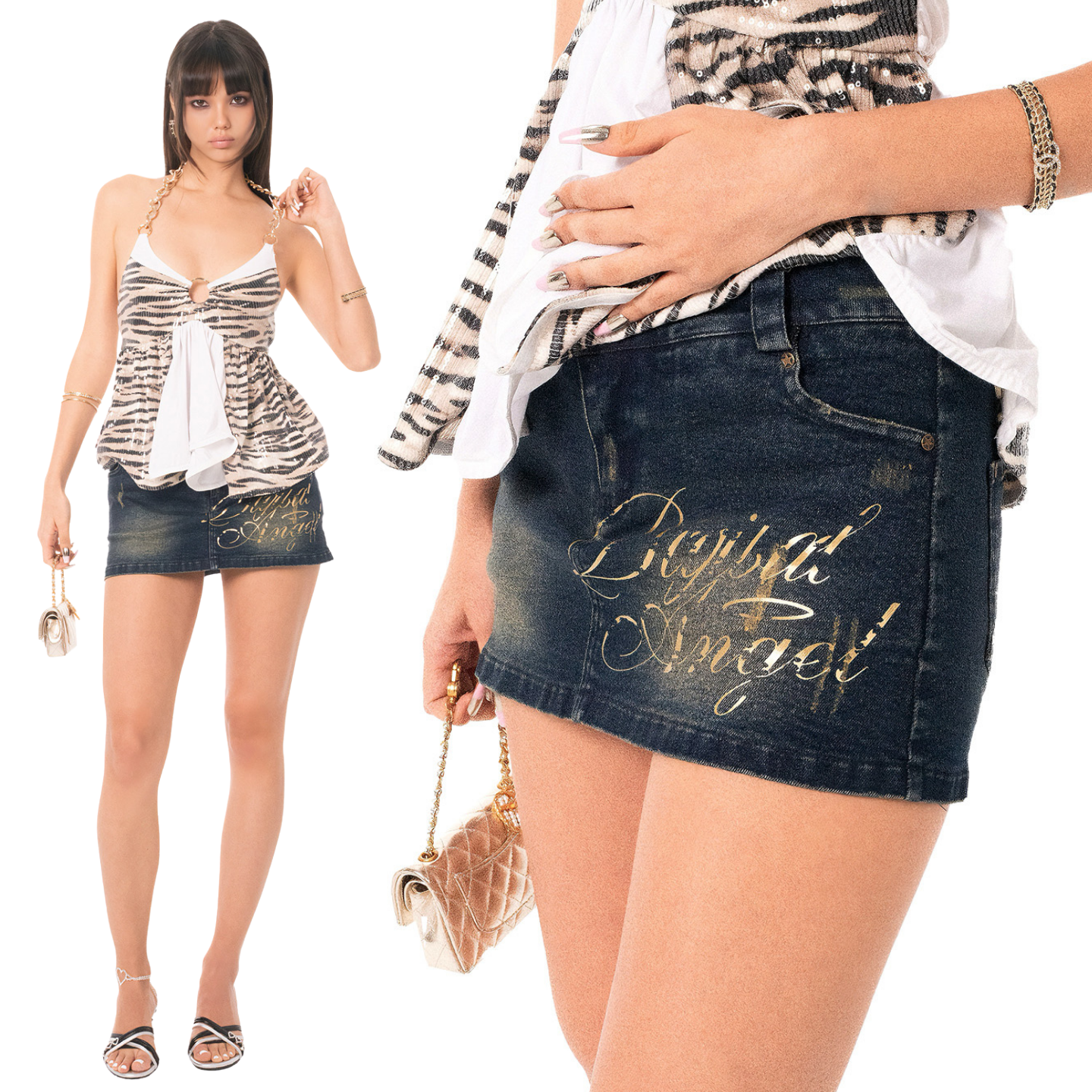 Ooops333 26SS 「SLAY！」2000s Angel Gold Foil Denimi Skirt