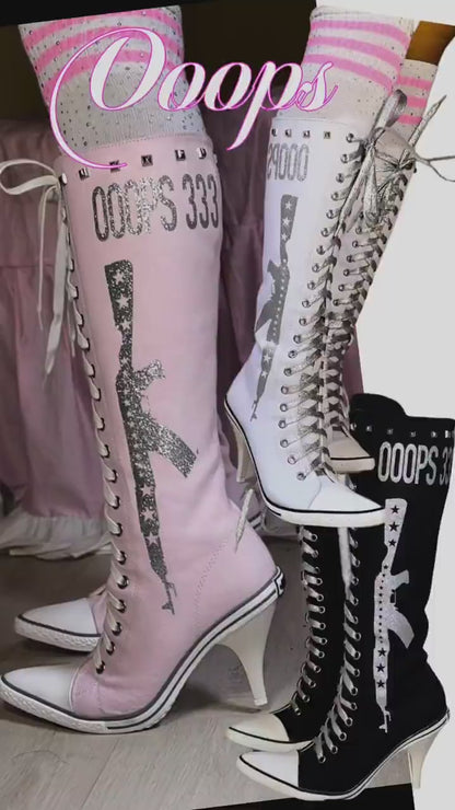 Ooops333 PUNK HI HEEL TALL CANVAS BOOTS - 9CM HEEL